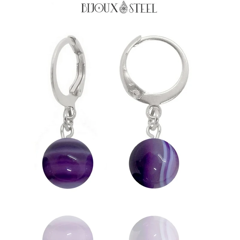 Boucles d'oreilles créoles à pendentifs perles d'agate violette
