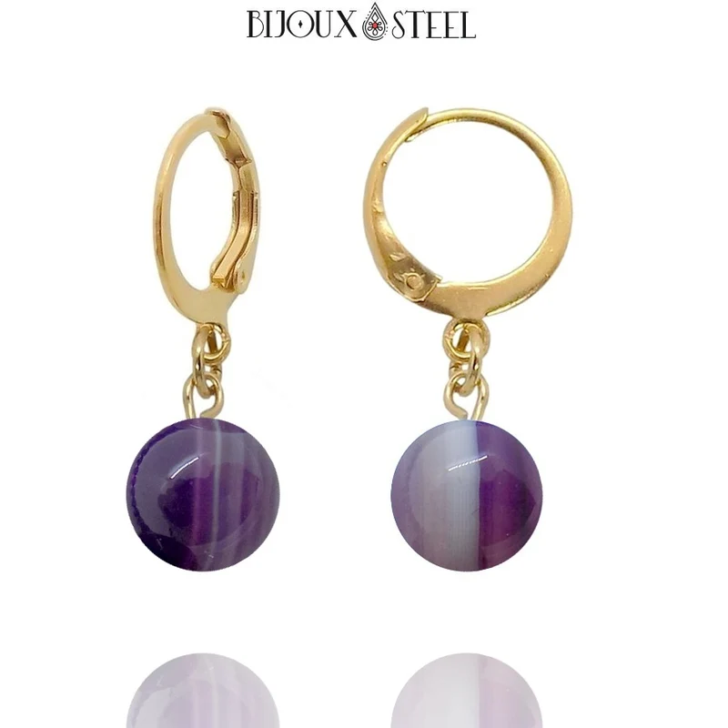 Boucles d'oreilles créoles à pendentifs perles d'agate violette