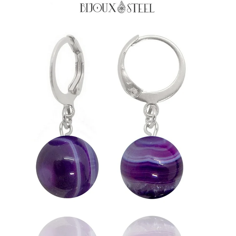 Boucles d'oreilles créoles à pendentifs perles d'agate violette