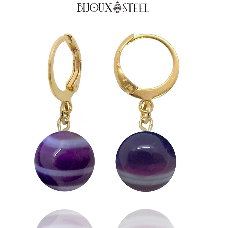 Boucles d'oreilles créoles à pendentifs perles d'agate violette