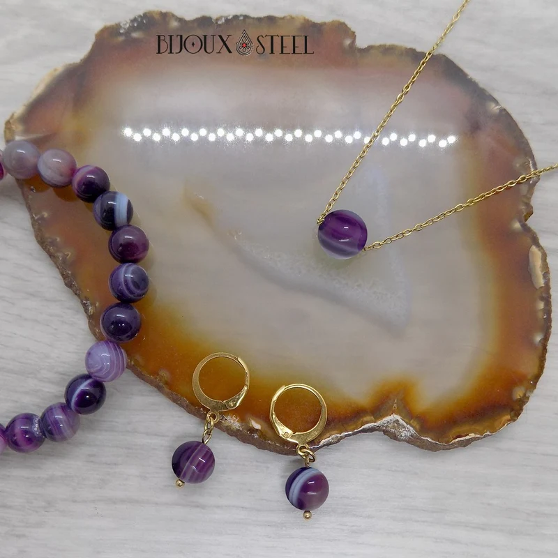 Boucles d'oreilles créoles à pendentifs perles d'agate violette