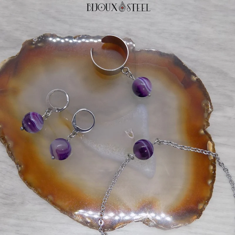 Boucles d'oreilles créoles à pendentifs perles d'agate violette