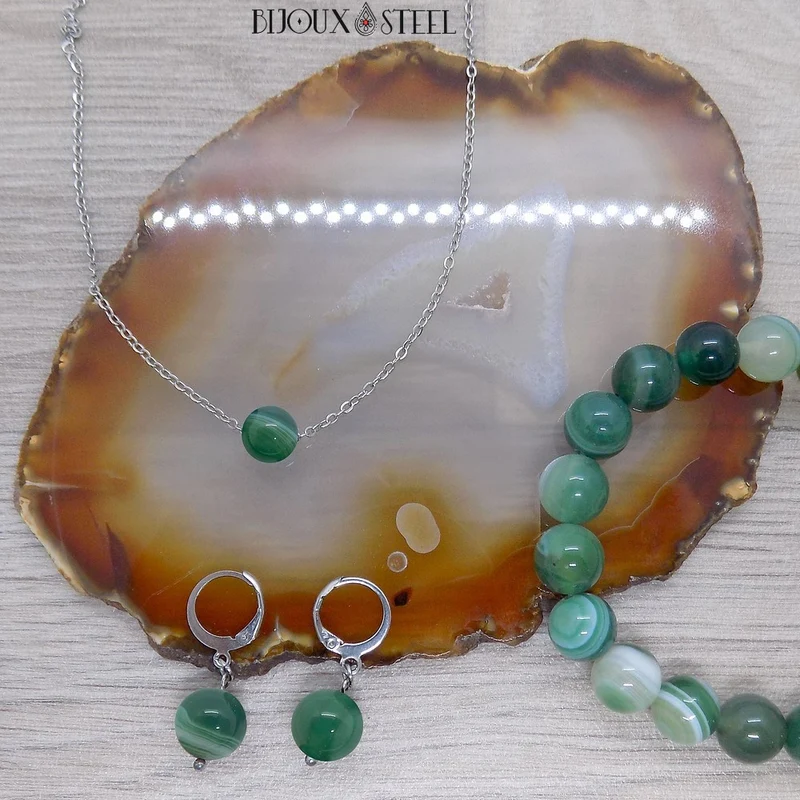 Boucles d'oreilles créoles à pendentifs perles d'agate verte