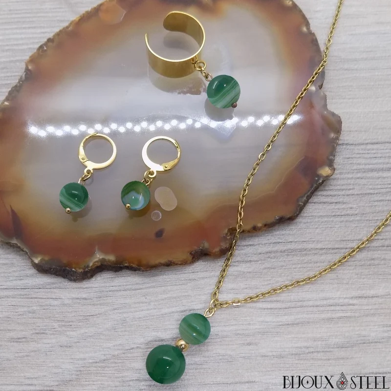 Boucles d'oreilles créoles à pendentifs perles d'agate verte