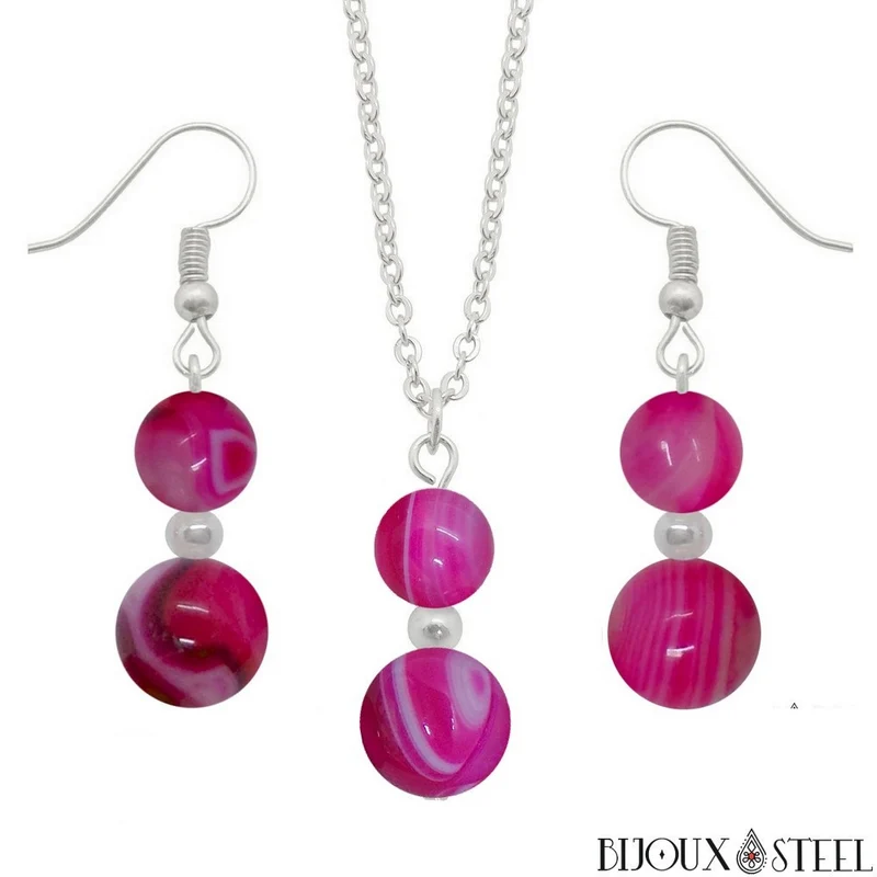 Parure agate magenta en pierre naturelle teintée et acier inoxydable