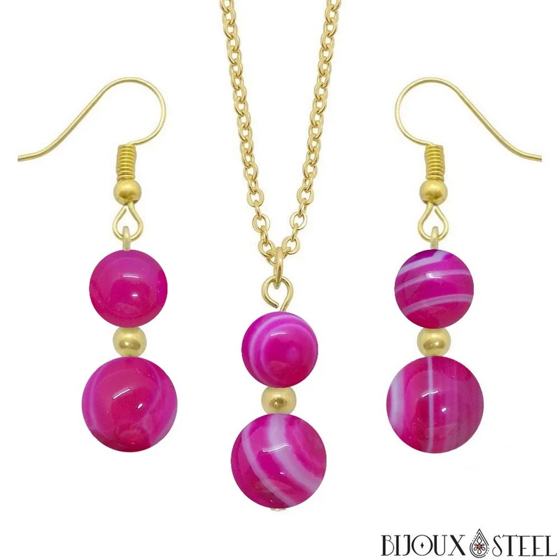 Parure agate magenta en pierre naturelle teintée et acier inoxydable