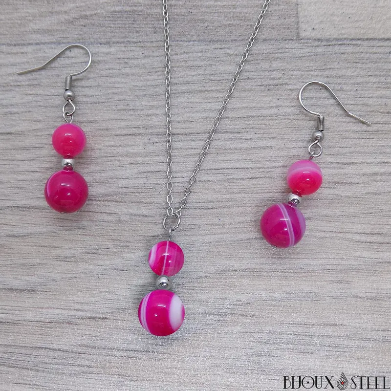 Parure agate magenta en pierre naturelle teintée et acier inoxydable