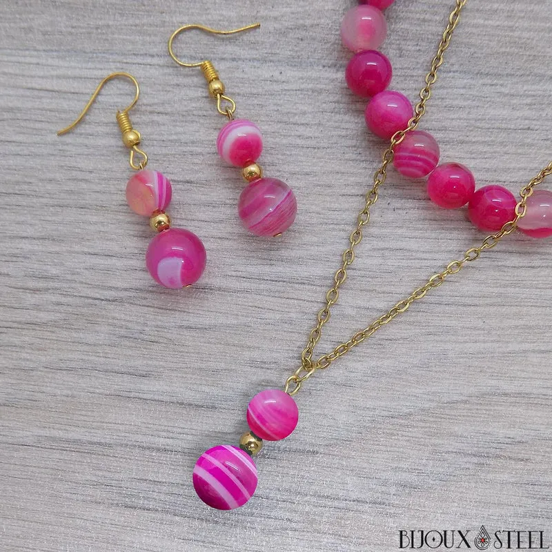 Parure agate magenta en pierre naturelle teintée et acier inoxydable