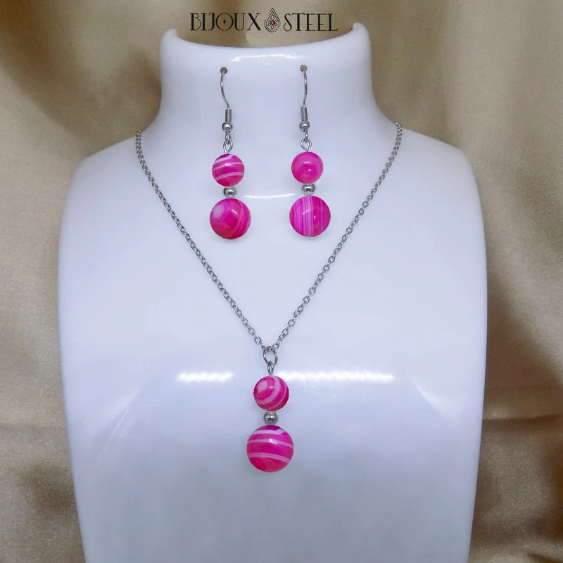 Parure agate magenta en pierre naturelle teintée et acier inoxydable
