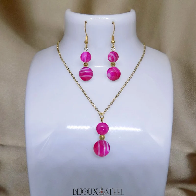 Parure agate magenta en pierre naturelle teintée et acier inoxydable