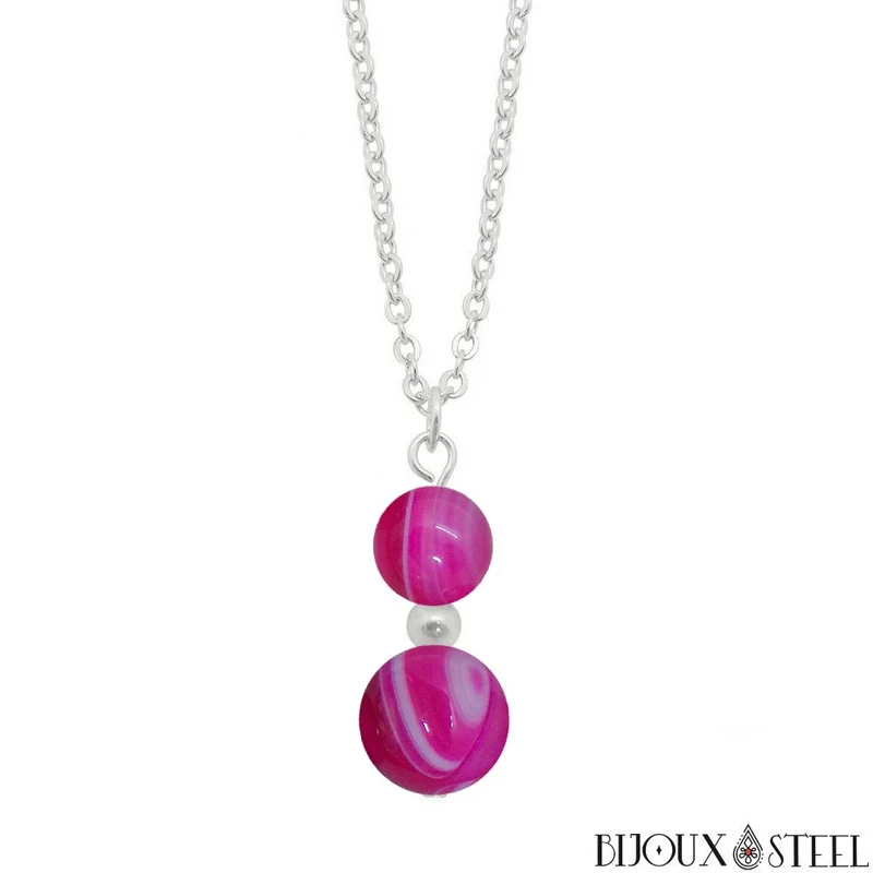 Collier à pendentif deux perles en pierre d'agate magenta