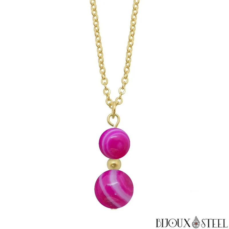 Collier à pendentif deux perles en pierre d'agate magenta