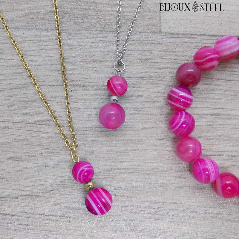 Collier à pendentif deux perles en pierre d'agate magenta