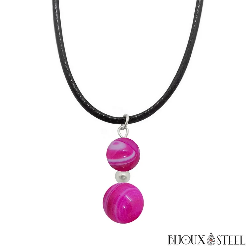 Collier à pendentif deux perles en pierre d'agate magenta