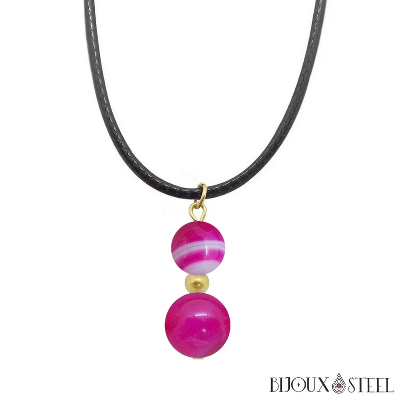 Collier à pendentif deux perles en pierre d'agate magenta
