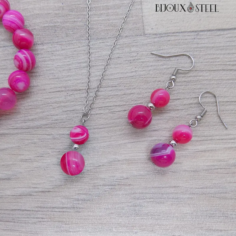 Collier à pendentif deux perles en pierre d'agate magenta