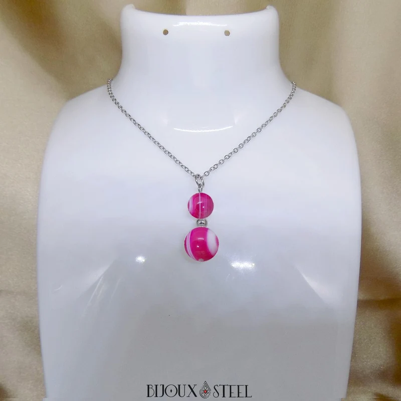 Collier à pendentif deux perles en pierre d'agate magenta