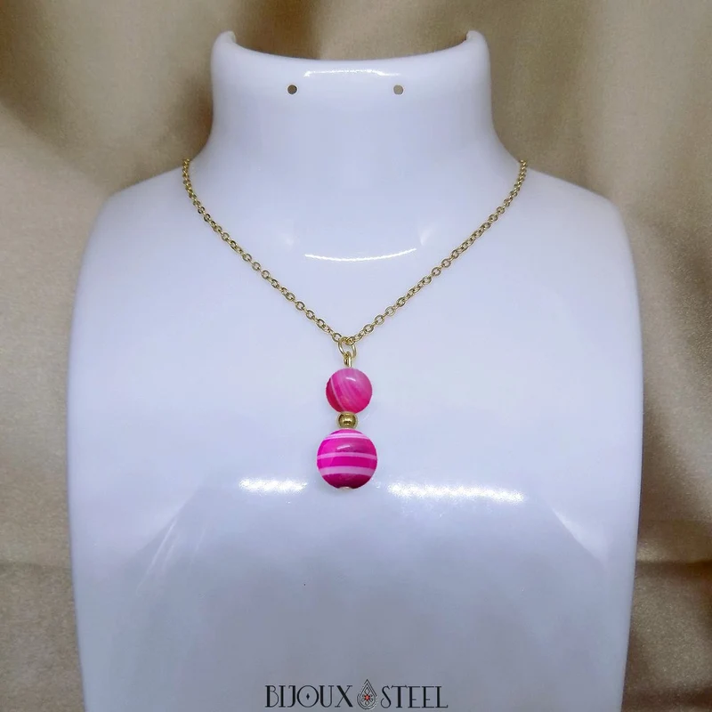 Collier à pendentif deux perles en pierre d'agate magenta