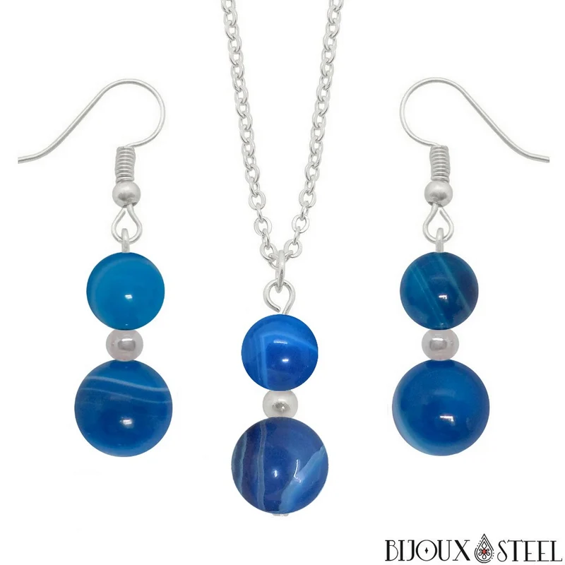 Parure agate bleue en pierre naturelle teintée et acier inoxydable