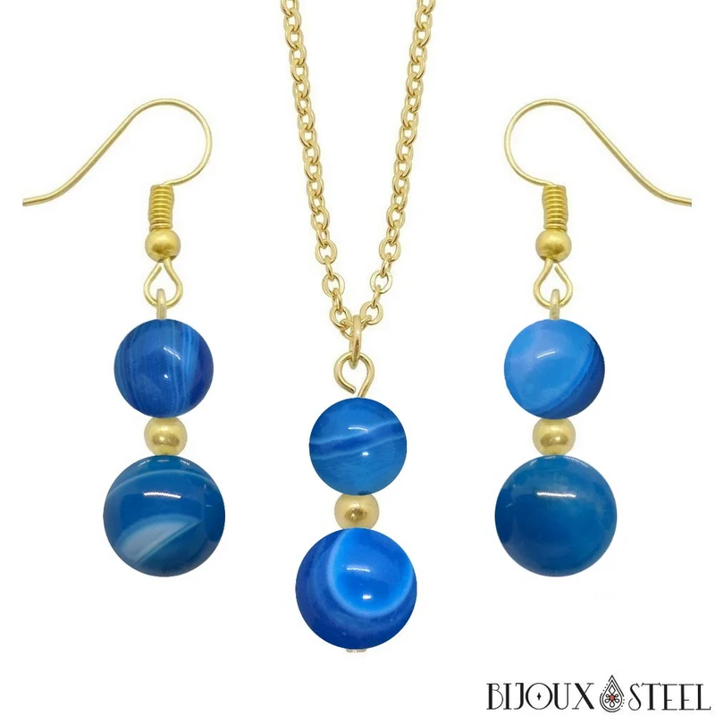 Parure agate bleue en pierre naturelle teintée et acier inoxydable