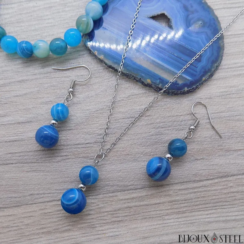 Parure agate bleue en pierre naturelle teintée et acier inoxydable