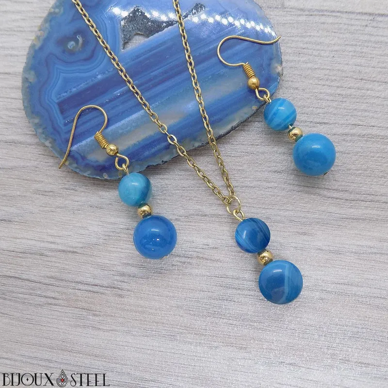 Parure agate bleue en pierre naturelle teintée et acier inoxydable