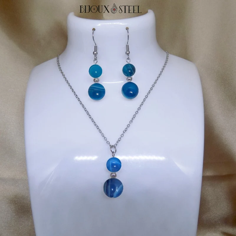 Parure agate bleue en pierre naturelle teintée et acier inoxydable