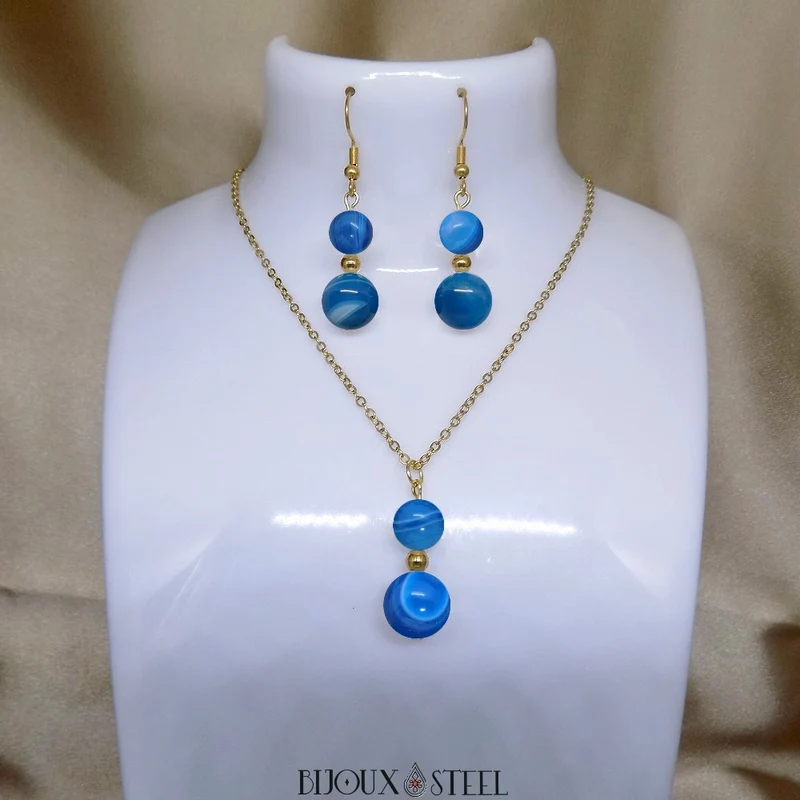 Parure agate bleue en pierre naturelle teintée et acier inoxydable