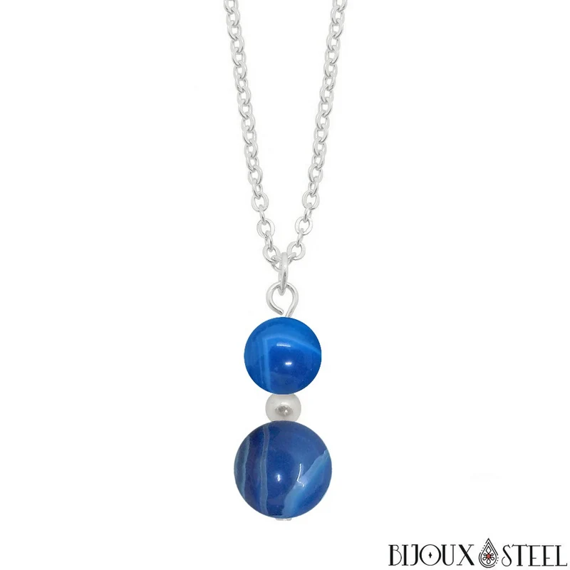 Collier à pendentif deux perles en pierre d'agate bleue