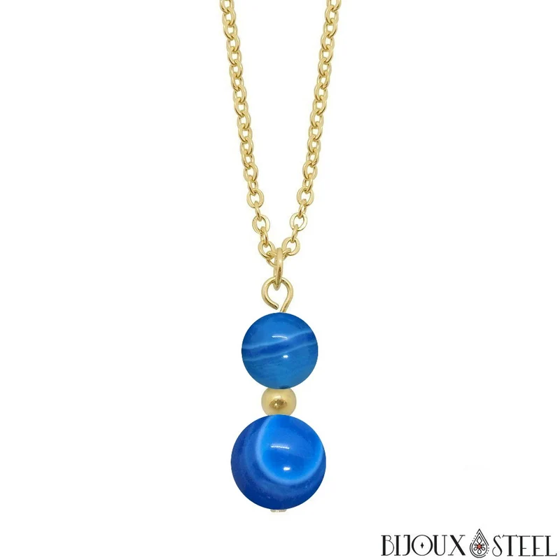 Collier à pendentif deux perles en pierre d'agate bleue