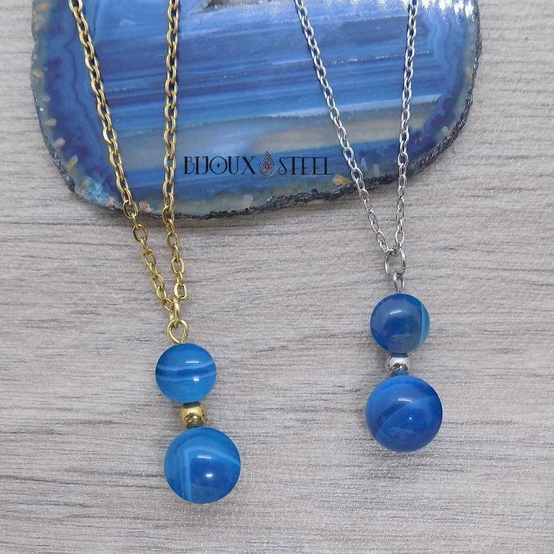 Collier à pendentif deux perles en pierre d'agate bleue