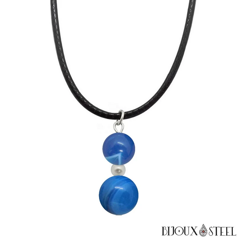 Collier à pendentif deux perles en pierre d'agate bleue