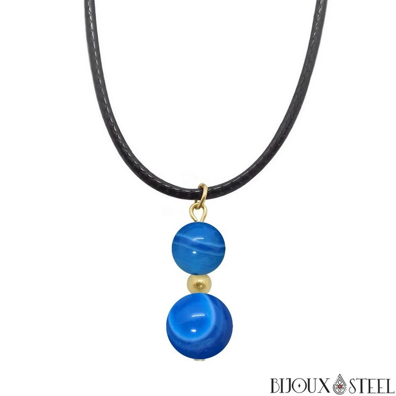 Collier à pendentif deux perles en pierre d'agate bleue