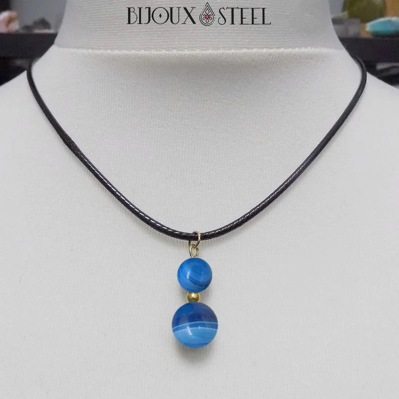 Collier à pendentif deux perles en pierre d'agate bleue