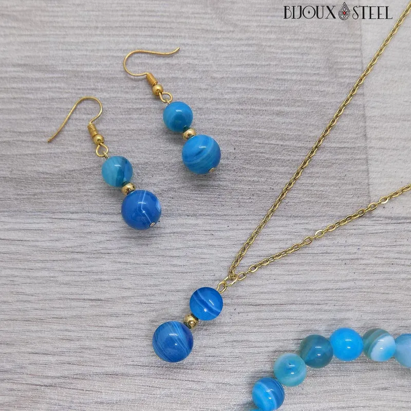 Collier à pendentif deux perles en pierre d'agate bleue