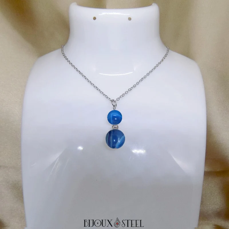 Collier à pendentif deux perles en pierre d'agate bleue
