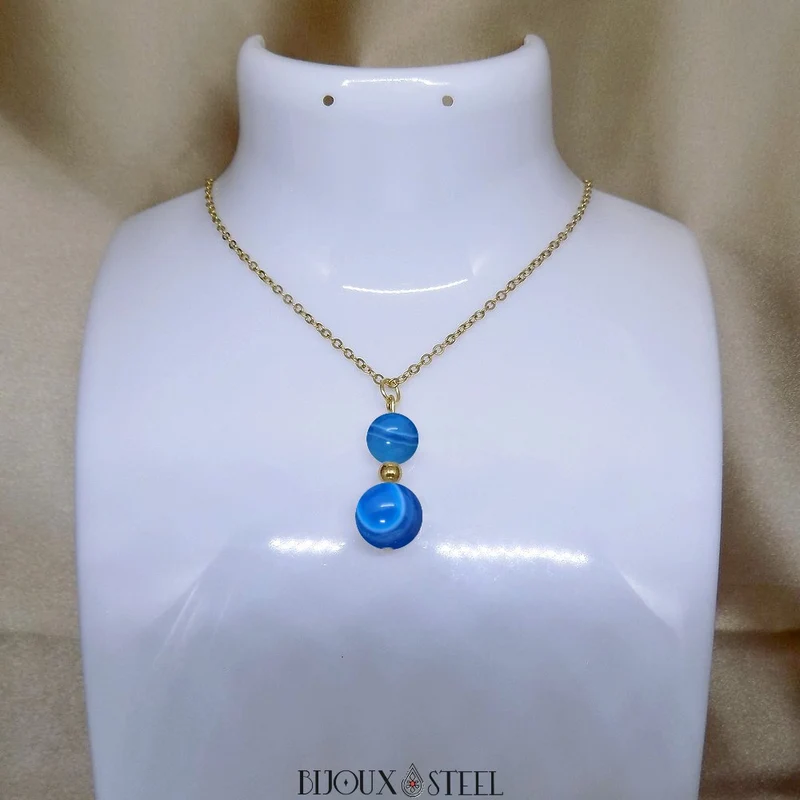 Collier à pendentif deux perles en pierre d'agate bleue