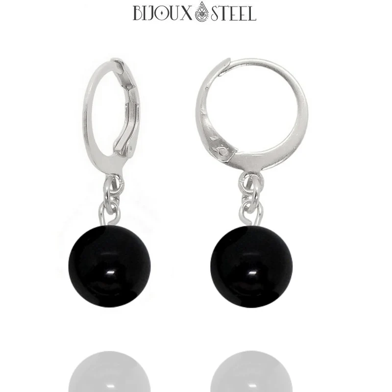 Boucles d'oreilles créoles à pendentifs perles d'onyx noir