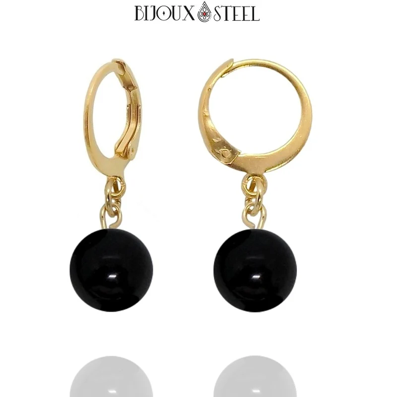 Boucles d'oreilles créoles à pendentifs perles d'onyx noir