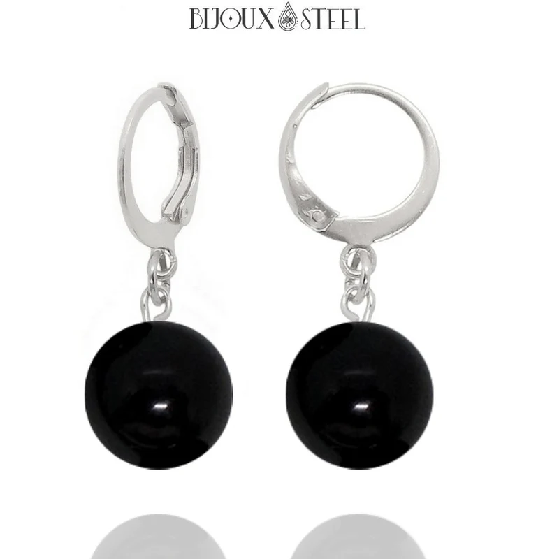 Boucles d'oreilles créoles à pendentifs perles d'onyx noir