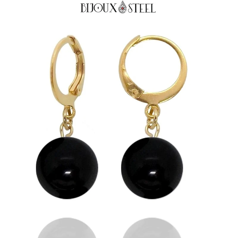 Boucles d'oreilles créoles à pendentifs perles d'onyx noir