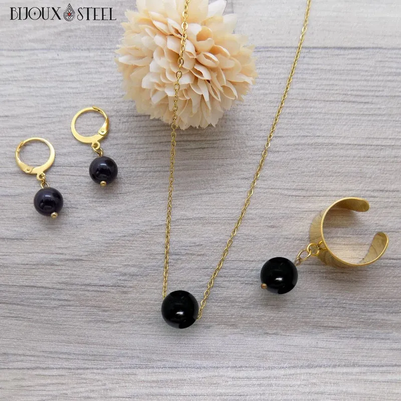 Boucles d'oreilles créoles à pendentifs perles d'onyx noir