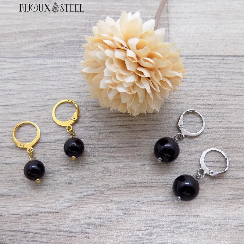 Boucles d'oreilles créoles à pendentifs perles d'onyx noir