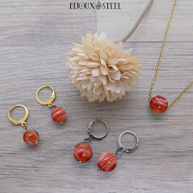 Boucles d'oreilles créoles à pendentifs perles d'agate rouge
