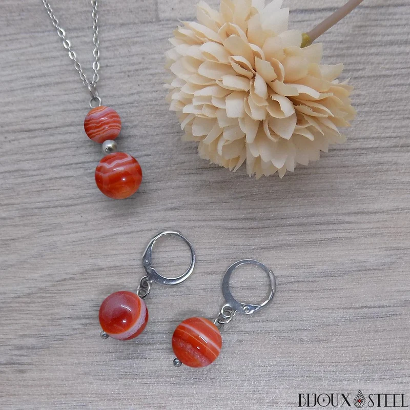 Boucles d'oreilles créoles à pendentifs perles d'agate rouge