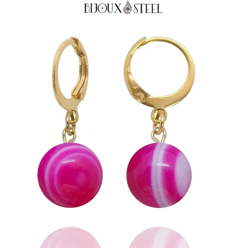 Boucles d'oreilles créoles à pendentifs perles d'agate magenta
