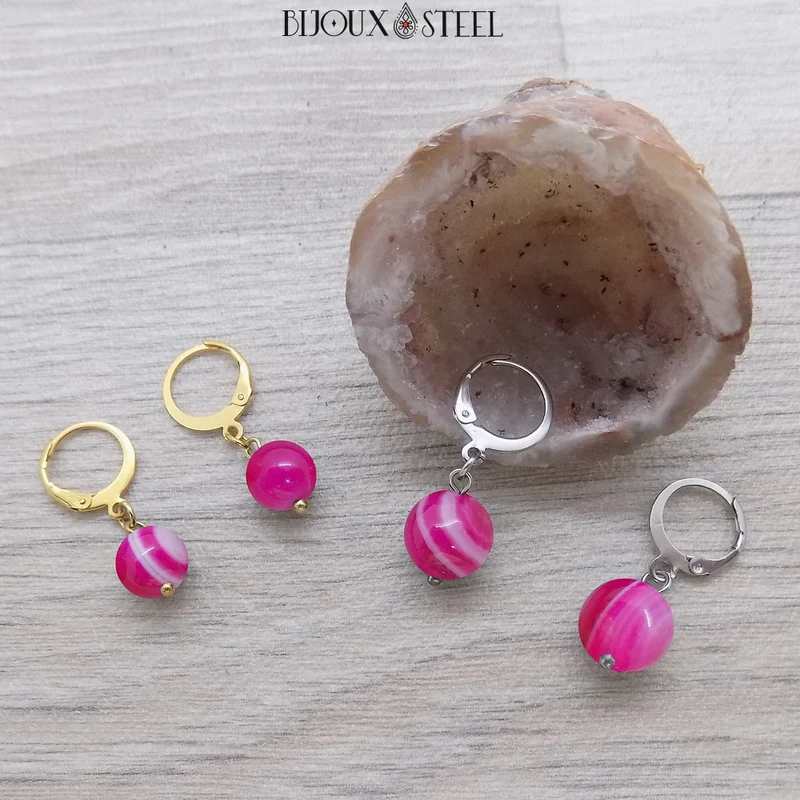 Boucles d'oreilles créoles à pendentifs perles d'agate magenta