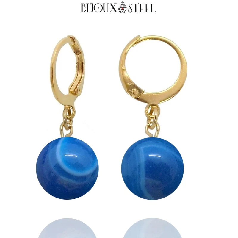 Boucles d'oreilles créoles à pendentifs perles d'agate bleue