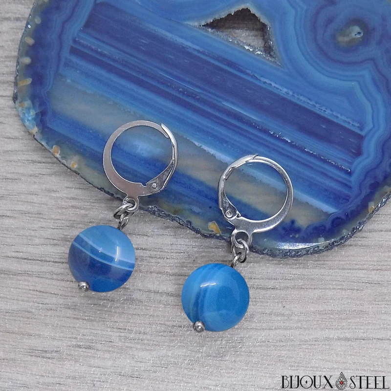 Boucles d'oreilles créoles à pendentifs perles d'agate bleue