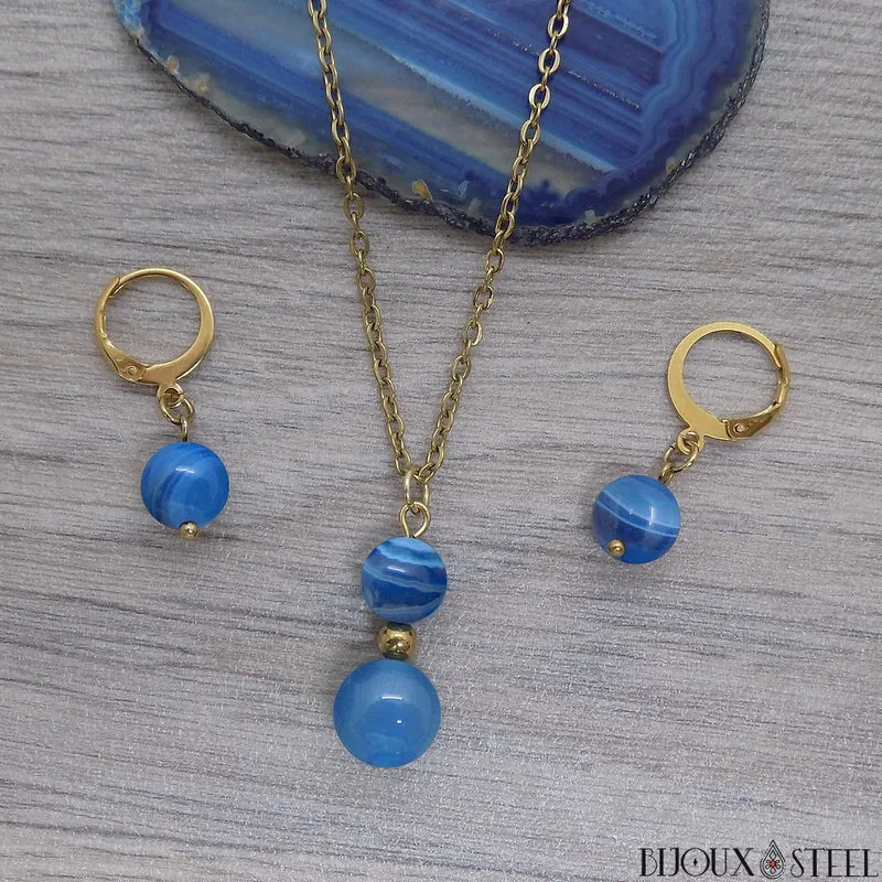 Boucles d'oreilles créoles à pendentifs perles d'agate bleue
